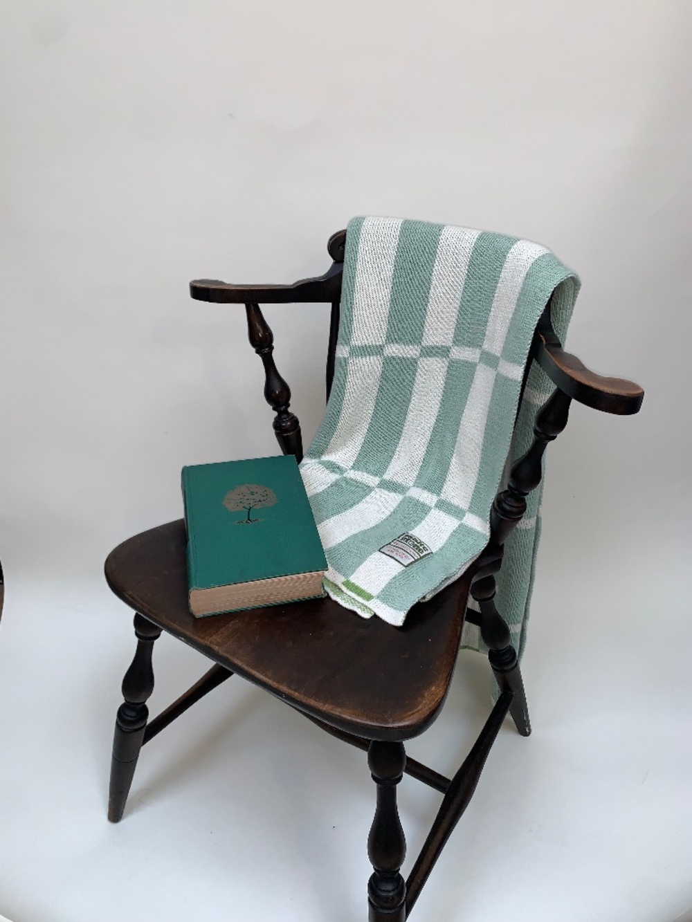 White Stone Homescape Knit Blanket Green & White Checkered 100% Cotton